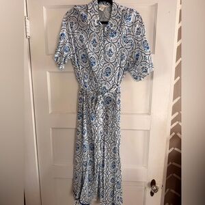 H&M White and Blue Printed Tie-Waist Maxi Dress